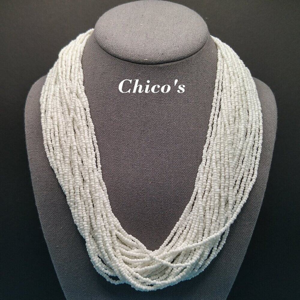 Chico's White Seed Bead Necklace, 30 Strands, Hammered Silver End Caps, 26 Inch